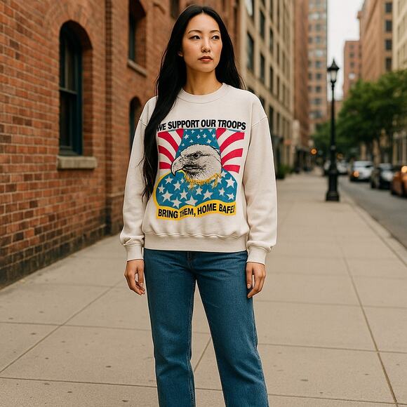 Vintage Patriotic Eagle Support Our Troops White Sweatshirt Size XL - Picture 1 of 6